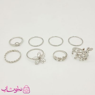 پک انگشتر دخترانه طرح برگ نقره ای 8 عددی