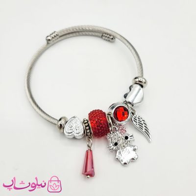 دستبند دخترانه پاندورا نقره ای با آویز قرمز