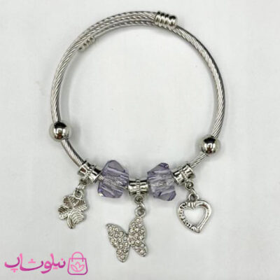 خرید دستبند زنانه پاندورا طرح پروانه بنفش نقره ای