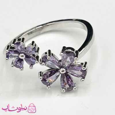 خرید انگشتر زنانه طرح دو گل بنفش فری سایز