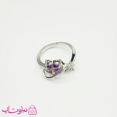 خرید انگشتر زنانه طرح قلب بنفش و ستاره و زحل نقره ای فری سایز