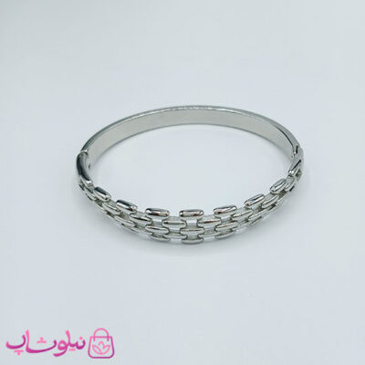 خرید بنگل زنانه طرحدار استیل رنگ نقره ای قطر 57 میل