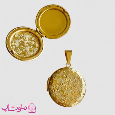 خرید گردنبند لاکت عکس زنانه استیل طلایی دایره شکل با طرح گل