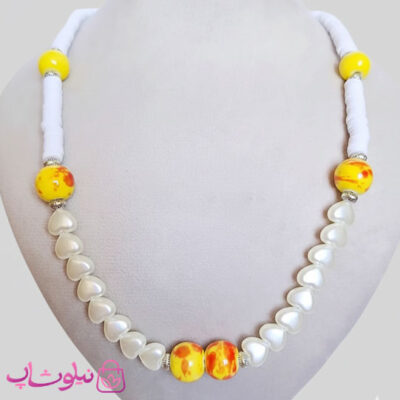 گردنبند دستساز ترکیب مروارید قلبی فیمو و گوی چینی