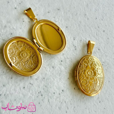 خرید گردنبند زنانه استیل مدل لاکت بیضی گلدار طلایی بازشو
