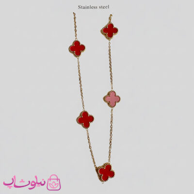 خرید گردنبند زنانه ونکلیف قرمز 5 گل استیل