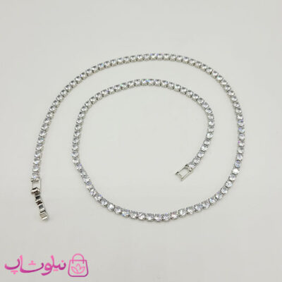 خرید گردنبند دخترانه تنیسی نقره ای رنگ نگین مربع سفید 45 سانت