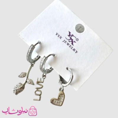 گوشواره سه تایی زنانه YSX مدل گل و Love نقره ای رنگ