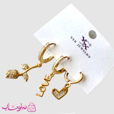 گوشواره سه تایی زنانه YSX مدل گل و Love طلایی رنگ