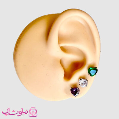 قیمت پیرسینگ گوش پایه نقره ای مدل قلب نگین رنگی