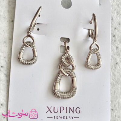 ست پلاک و گوشواره زنانه ژوپینگ نقره ای رنگ نگیندار
