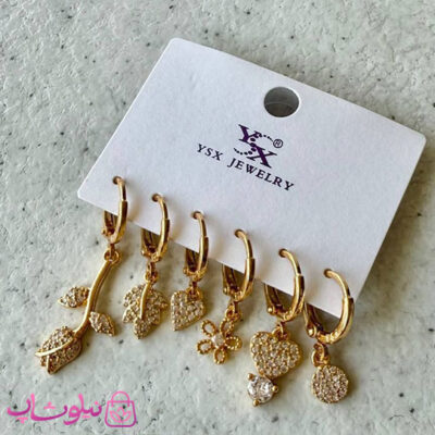 پک گوشواره زنانه YSX مدل گل رز و برگ و قلب طلایی رنگ