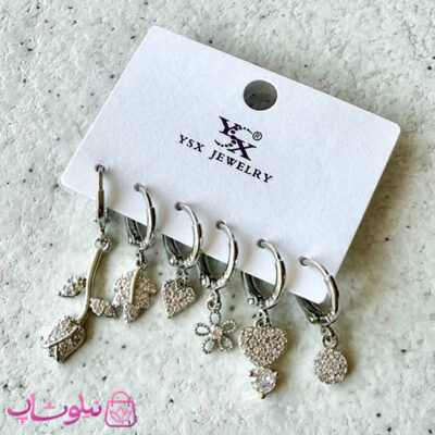 پک گوشواره زنانه YSX مدل گل رز و برگ و قلب نقره ای رنگ