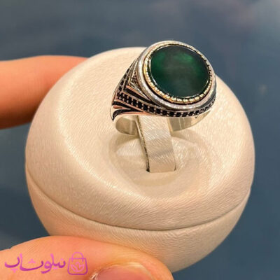 خرید انگشتر مردانه نقره وارداتی عیار 925 مدل سنگ عقیق سبز دایره