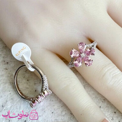 انگشتر زنانه ژوپینگ مدل گل صورتی نقره ای رنگ