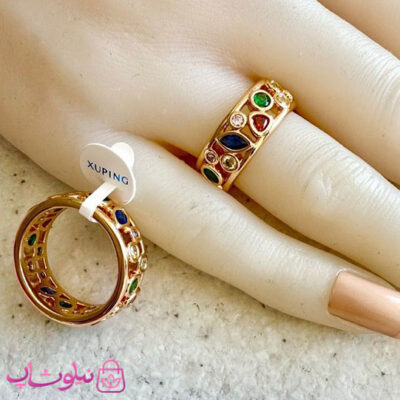 خرید انگشتر زنانه ژوپینگ مدل نگینهای رنگی طلایی رنگ