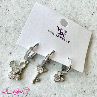 گوشواره سه تایی زنانه YSX مدل خرس و کلید نقره ای رنگ