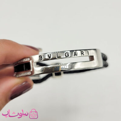 خرید دستبند مردانه برند بولگاری مدل چرم طبیعی مشکی و استیل با نگینهای مشکی کیفیت مستر