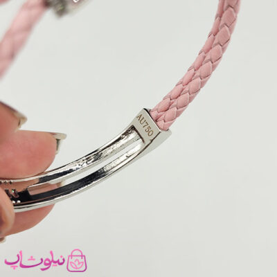 دستبند زنانه برند بولگاری مدل چرم طبیعی صورتی و استیل با نگینهای صورتی کیفیت مستر